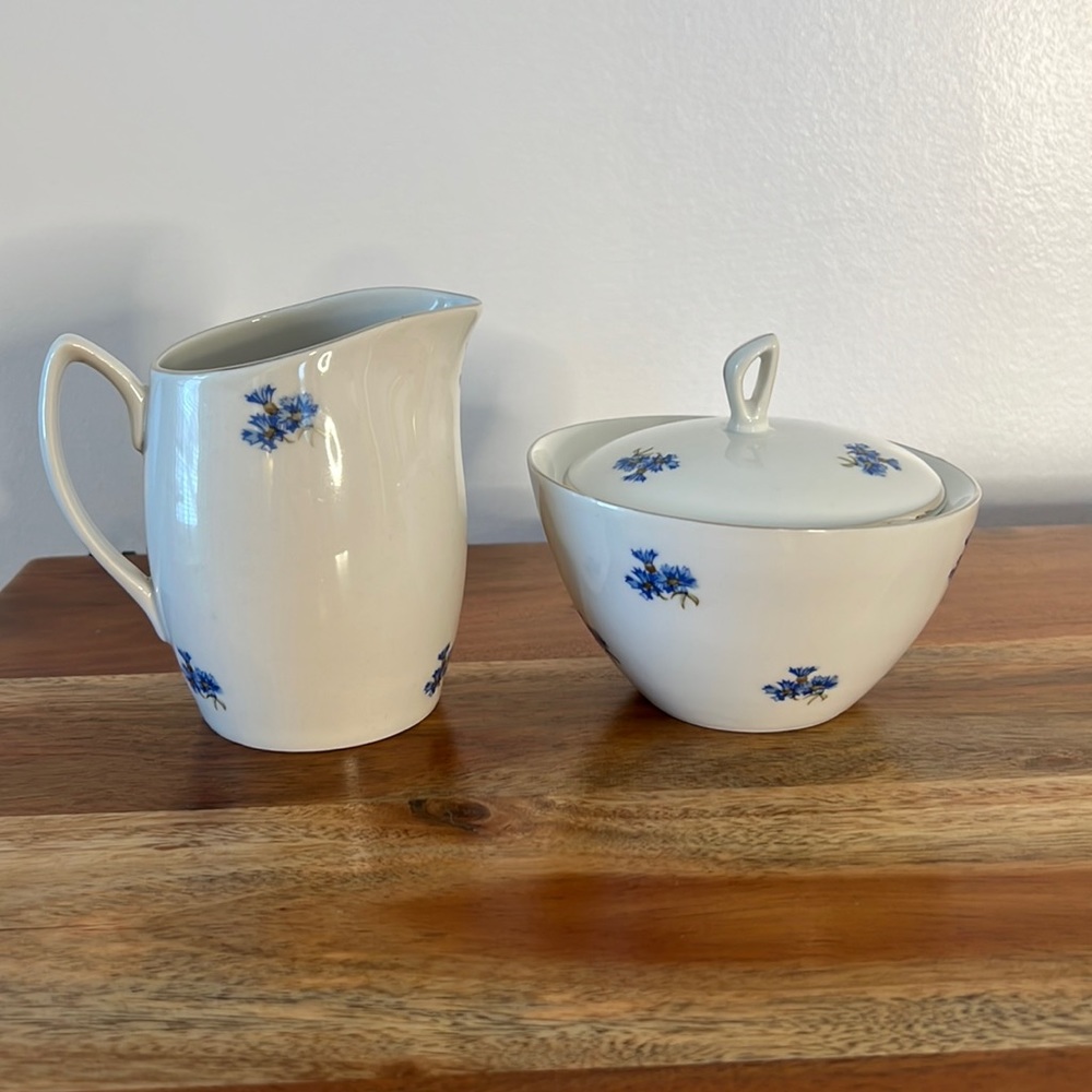 Vintage Chodziez Made in Poland Blue Floral Cream and Sugar Set.